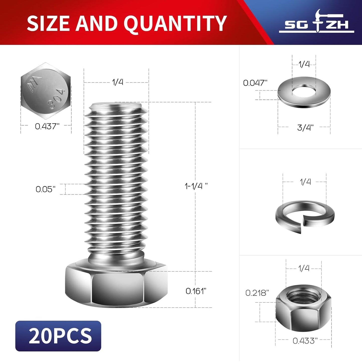 1/4-20 x 1-1/4" Hex Head Screw Bolt, Nuts, Flat & Lock Washers, 20Pcs 18-8 (304) Stainless Steel, Fully Threaded, by SG TZH