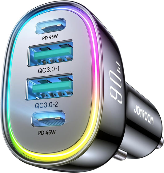 JOYROOM Car Charger USB C, 90W 4 Port Car Charger Adapter for iPhone 16 Fast Charging, Road Trip Essentials Fast Cigarette Lighter Adapter, Truck Car Accessories for iPhone15/14 Pro, Samsung S25/S24