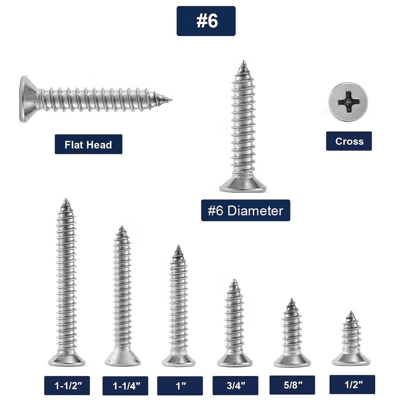 #6 x 5/8" Wood Screw 100Pcs 18-8 (304) Stainless Steel Screws Flat Head Phillips Fast Self Tapping Drywall Screws by SG TZH