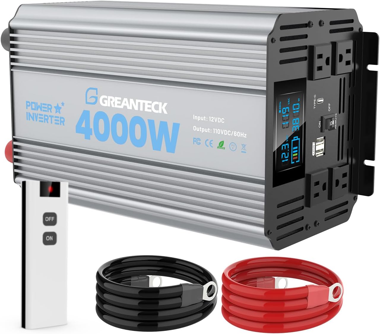 4000 Watt Modified Sine Wave Inverter, 12V Power Inverter, Four 110 / 120V DC to AC Outlets,Type-C Port,Dual Fast Charge USB Ports, LCD Display, Remote Control for Home RV Solar Car Emergency Off Grid