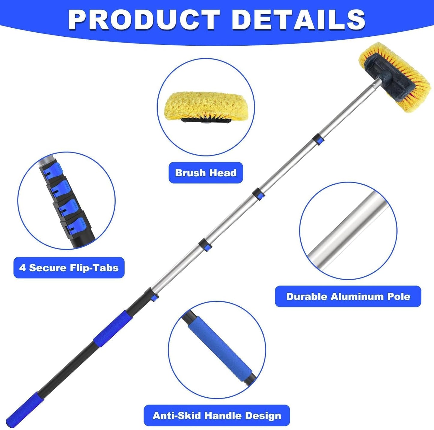 Buyplus Car Wash Brush with 20FT Long Handle, Car Brushes for Washing 12-Inch Soft Bristles with Aluminium Telescoping Pole for Scratch-Free Cleaning RV, House Siding, Floors, Solar Panels,Blue