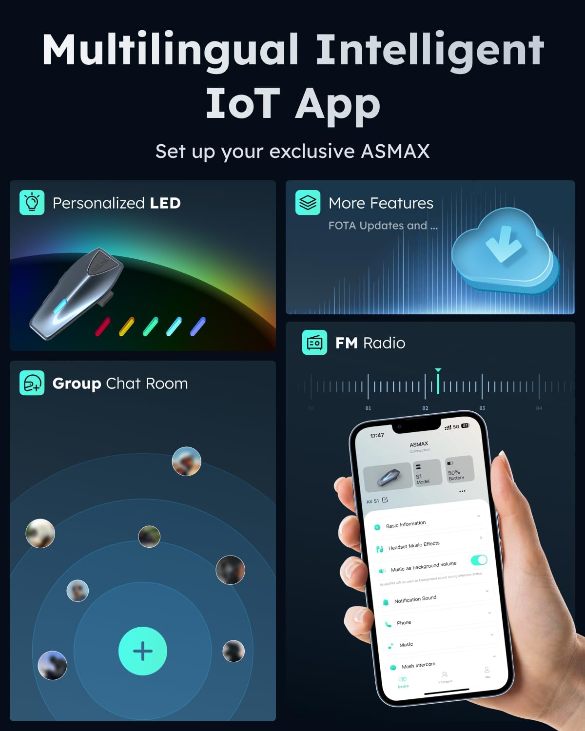 S1 Motorcycle Bluetooth Headset with 3 Intercom Modes, 8-Rider Mesh Communication, AI Voice, FM Radio, Auto Volume, Waterproof, Fast Charging for Helmet/ATV/UTV/Snowmobile, 2 Pack(Blue)