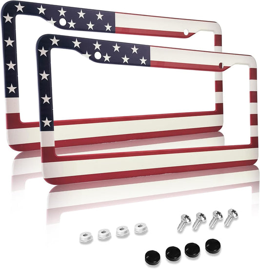 American Flag License Plate Frame,Patriotic License Plate Frame,Flag License Plate Frame US Car Tag Frames Holders Covers Stainless Aluminum 2 Pack 2 Holes Car Accessories