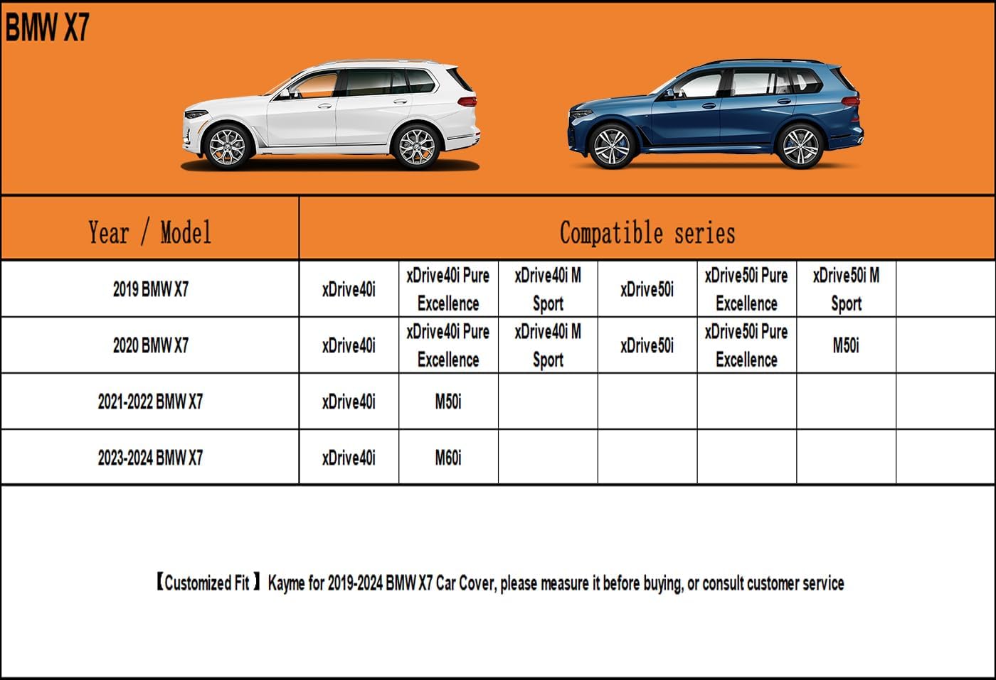 Kayme 7 Layers SUV Car Cover Custom Fit for BMW X7 (2018-2025) Waterproof All Weather for Automobiles, Outdoor Full Cover Rain Sun UV Protection.Black