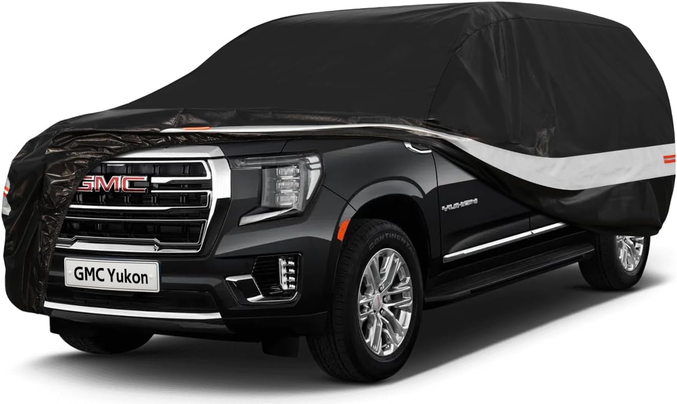 10 Layers SUV Car Cover Custom Fit for GMC Yukon (2006-2024) Waterproof All Weather for Automobiles, Outdoor Full Cover Sun UV Rain Protection with Zipper Cotton.Black