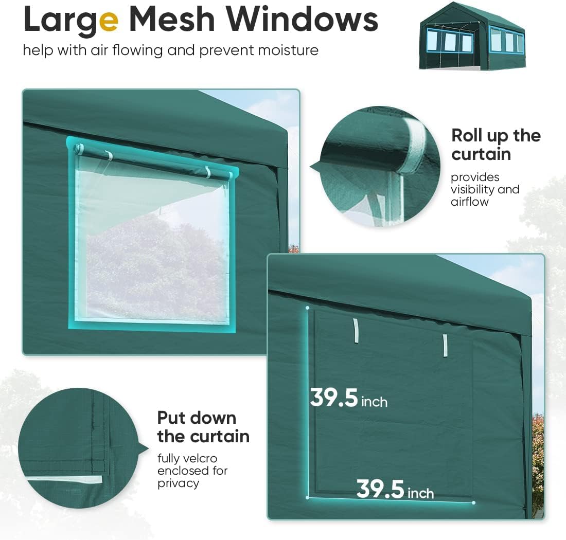 ADVANCE OUTDOOR 10x20 ft Adjustable Height Carport with Removable Window Sidewalls and Doors, Heavy Duty Car Canopy Garage Party Tent Boat Shelter with Reinforced Poles, Green