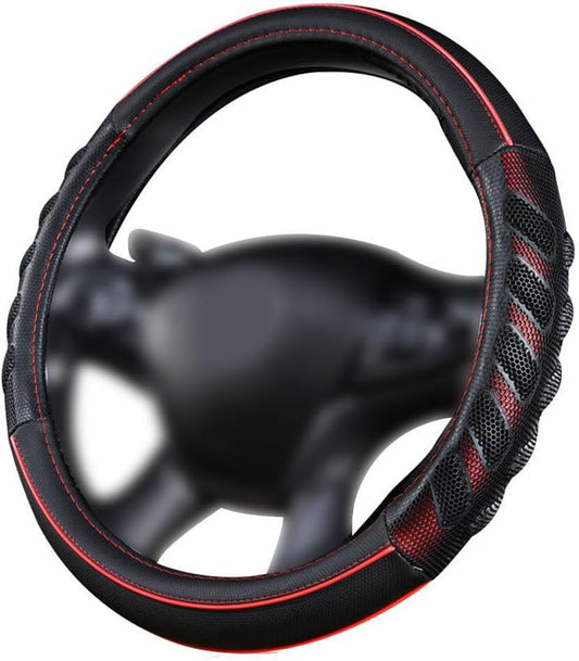 Flying Banner car Steering Wheel Cover Faux Leather Massage Universal fit 3D Honeycomb Hole Anti-Slip Sporty 15 Inches (Red Black)