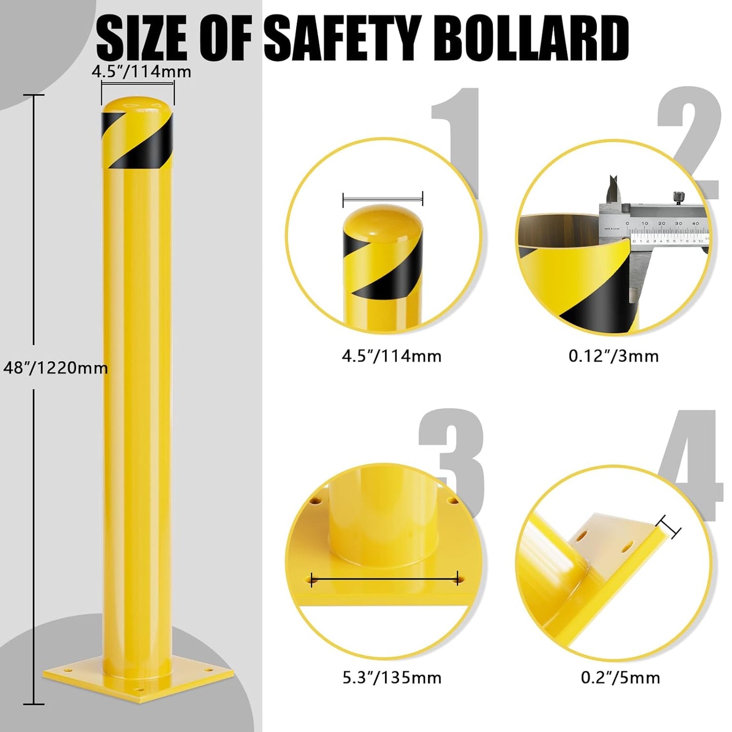 Safety Bollards, Steel Bollard Post, Yellow Powder Coated Safety Parking Barrier Post for High Traffic Areas (48inch 2Pack)