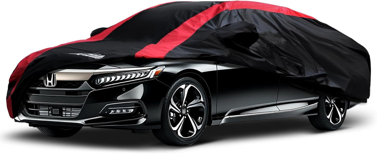 Honda Accord Car Cover Waterproof All Weather with Red Strip Design, Custom Fit for Honda Accord 1998–2025, Accord Accessory with Door Zipper & Windproof Straps