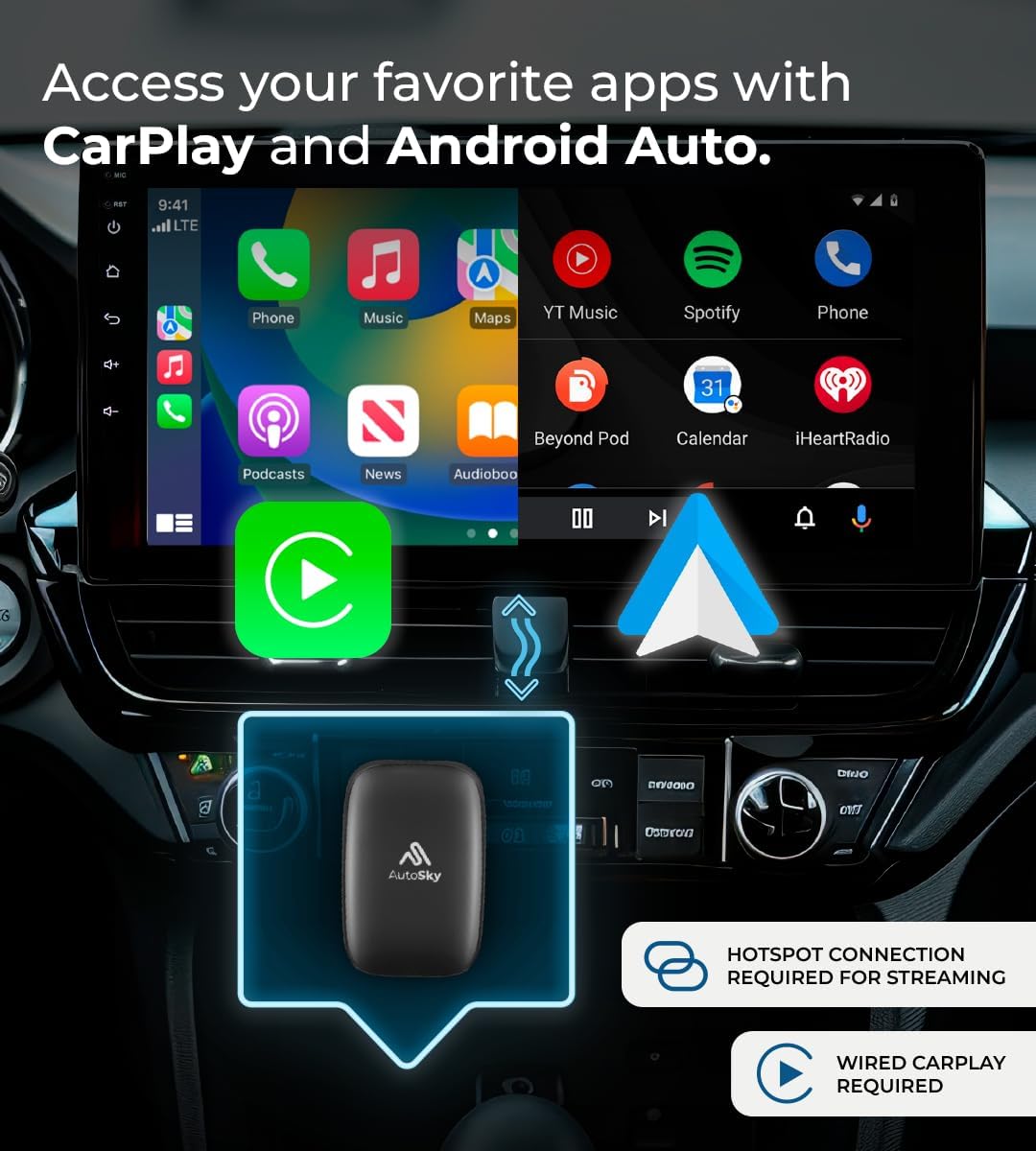 AutoSky Ai Box Lite Air - Streaming on the Go, Netflix and Youtube in your car. Convert Your Wired CarPlay into Wireless CarPlay or Android Auto. HotSpot Required for Streaming. Wired CarPlay Required