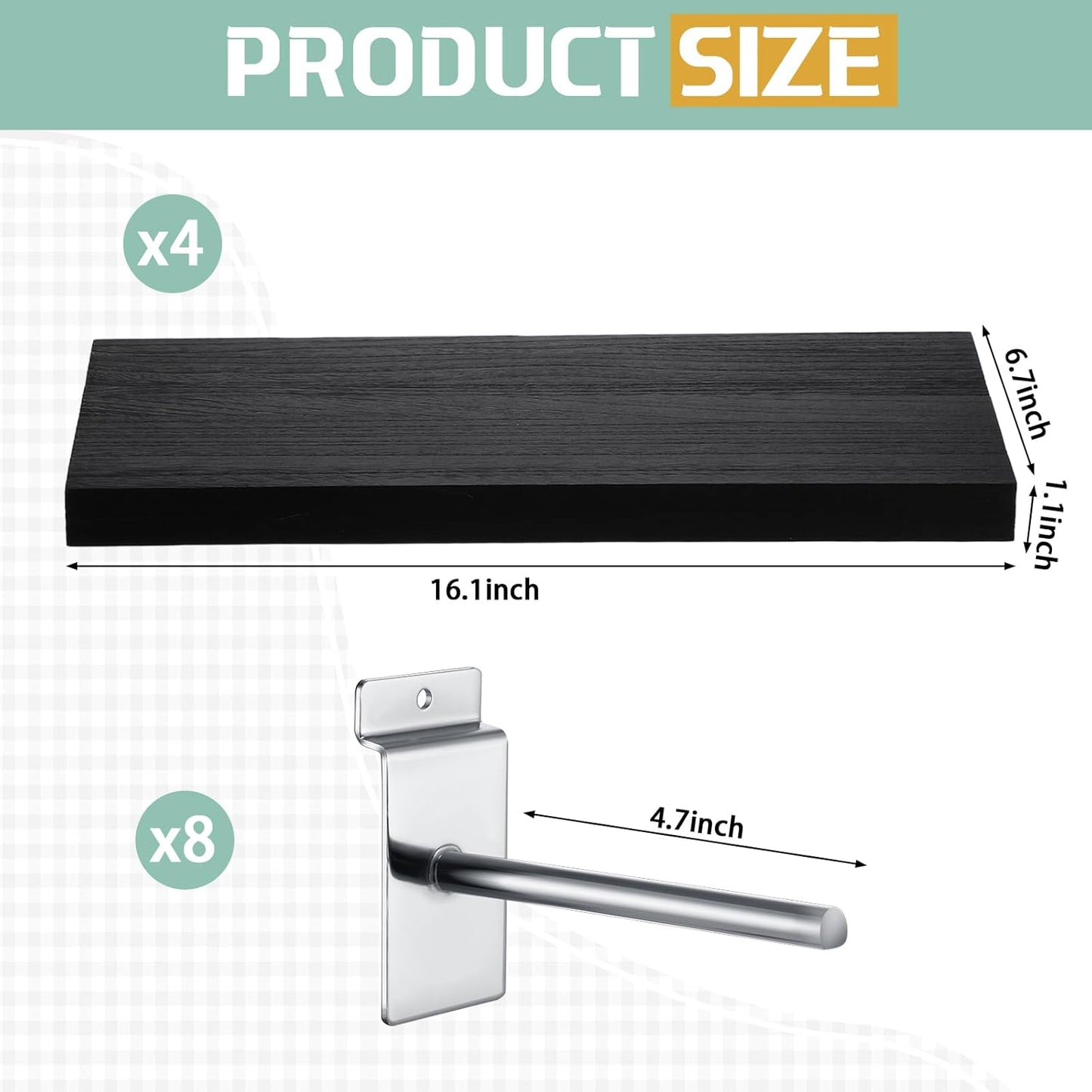 4 Pack Wooden Slatwall Shelf, 16.1" D x 6.7" W x 1.1" H Slatwall Shelves with Metal Hooks Organizer Set Mounted Accessories for Garage Home Workshop Workbench