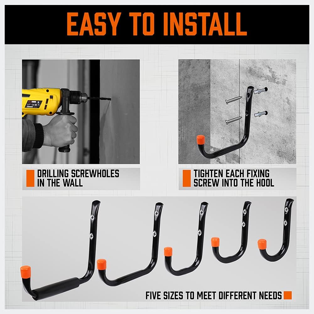 HORUSDY 10-Pack Heavy Duty Garage Storage Hooks Assorted Utility Hooks, 9", 7", 5", 3.5", 3" Two Each