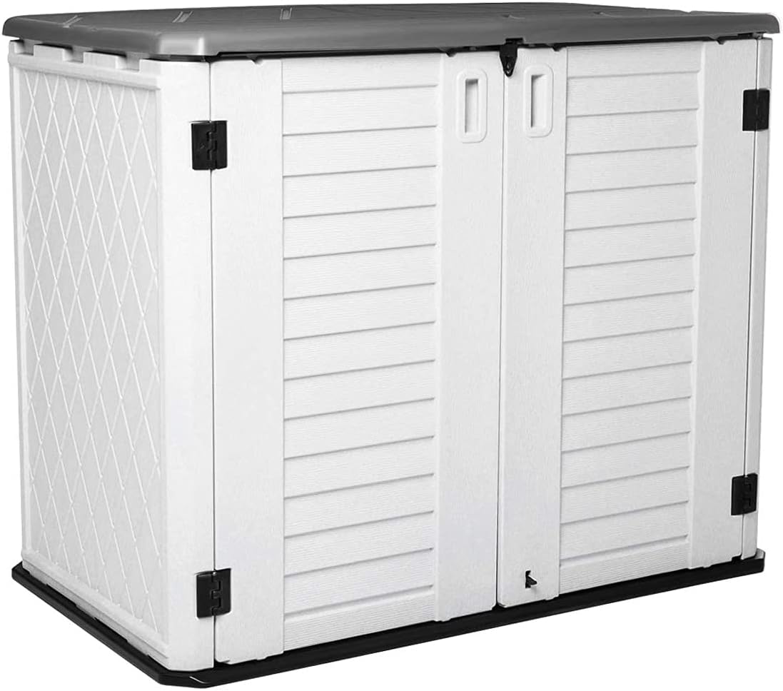 Horizontal Outdoor Garden Storage Shed for Backyards and Patios, Plastic Storage Box Waterproof, Small Shed 26 Cubic Feet Capacity for Bike, Garbage Cans, Lawn Mower, Tools and Garden Accessories