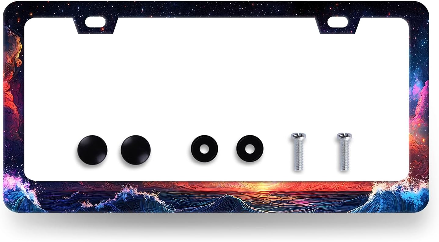 Waves Starry Sky Galaxy License Plate Frame Galaxy License Plate Holder Stainless Steel Funny Colorful Car Accessories Decoration 6.3" X 12.3" with 2 Holes Screws