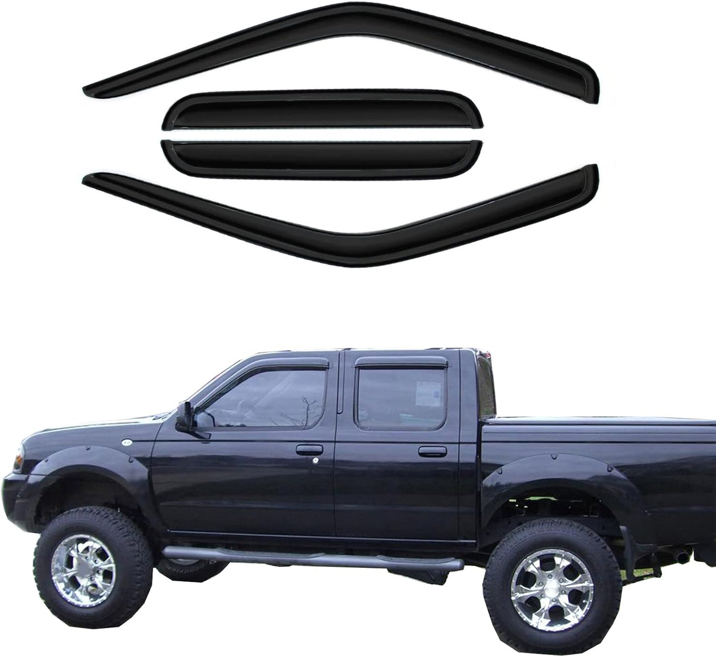 Wind Deflector Compatible with 2000-2004 Nissan Frontier Crew Cab 4 Full Size Doors Smoke Sun/Rain Guard Window Visors 94627