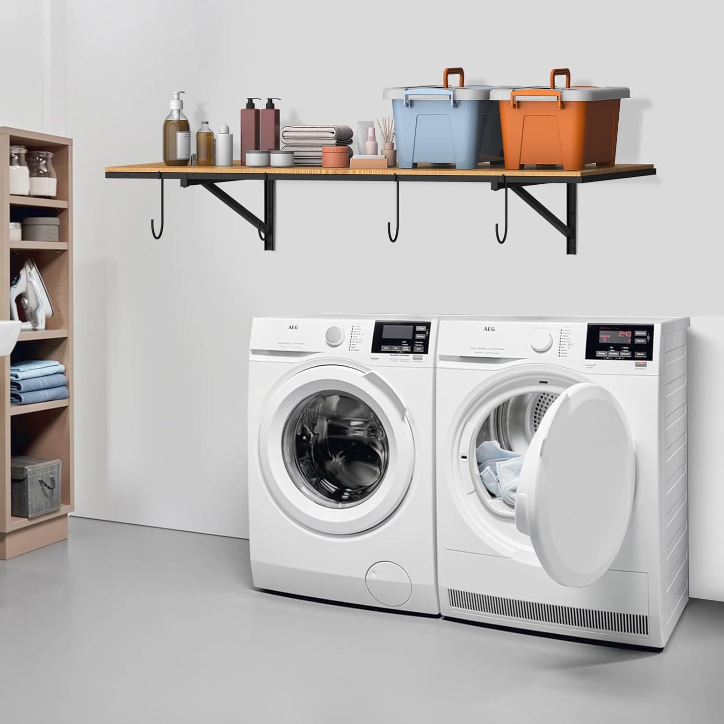 PEKGRIL Garage Wall Shelving Set of 2, 2X4 ft, Black, Contemporary Style, Heavy Duty, 2 Shelves, 8 Hooks, 260 lbs Capacity Each, Wall-Mounted, Metal, Alloy Steel, 2 Count