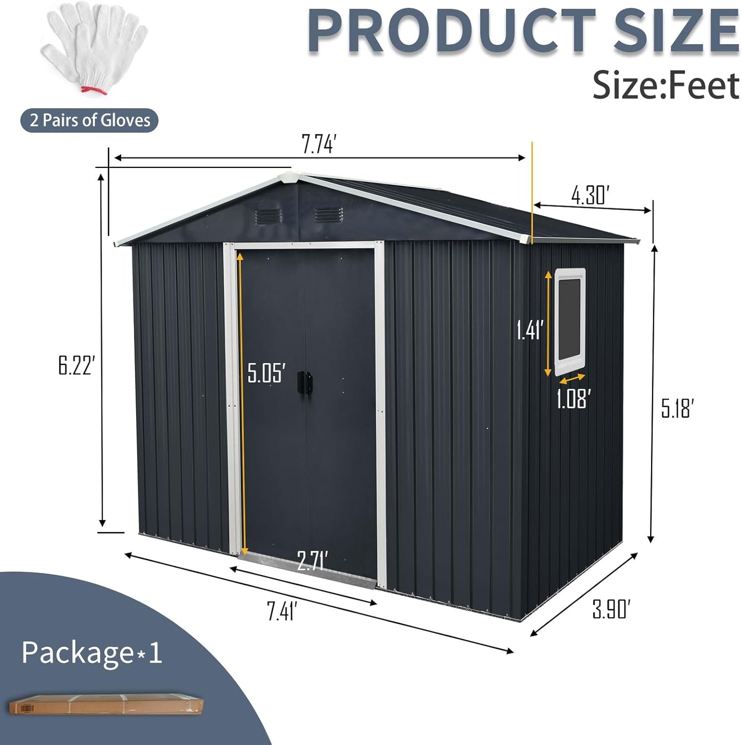 4x8 FT Outdoor Storage Shed, Metal Garden Shed with Frame Floor, Outside Tool Shed with Window, Waterproof Storage Building with Lockable Sliding Doors & Sloped Roof for Backyard, Patio, Black