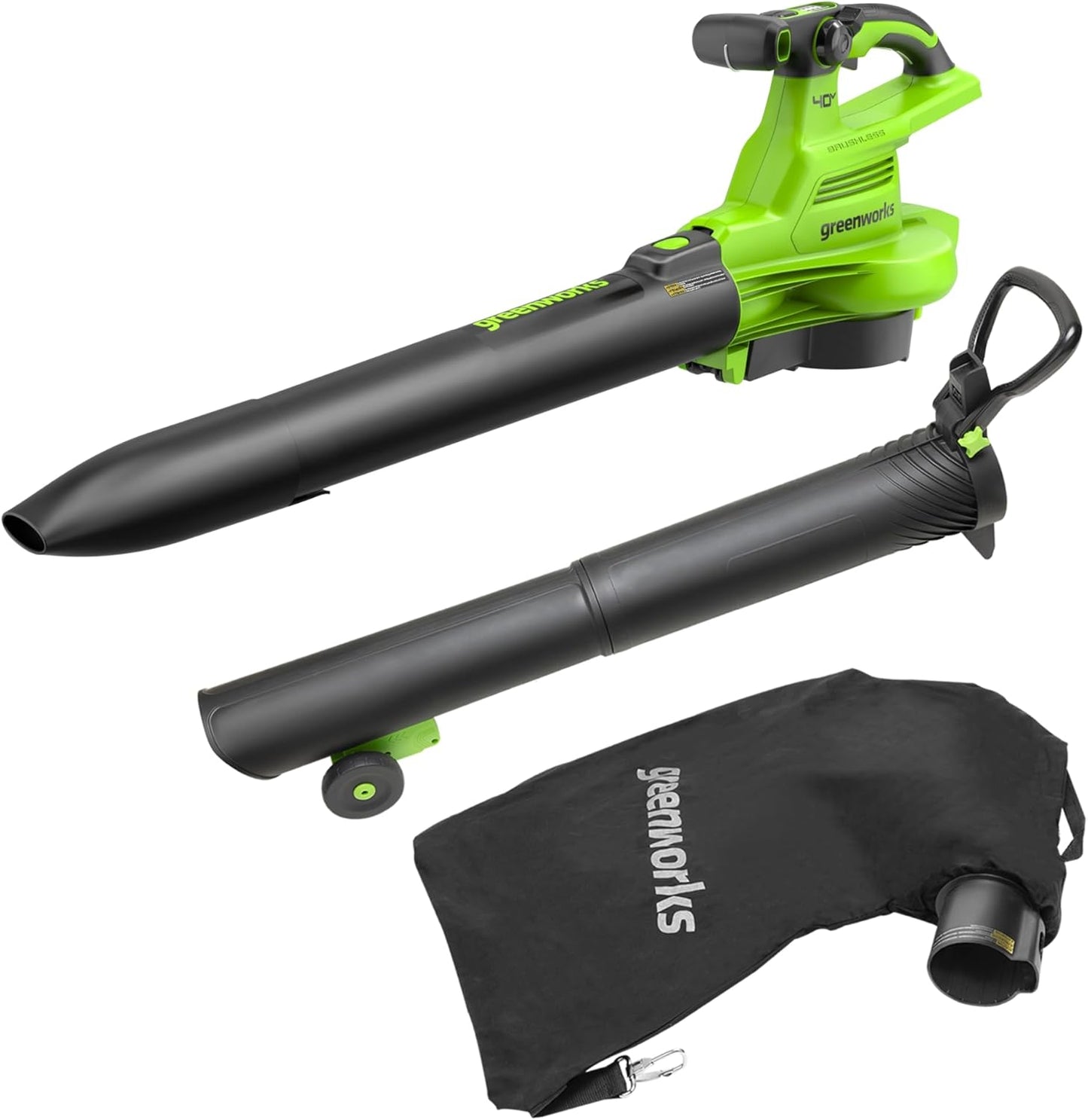 Greenworks 40V (230 MPH / 505 CFM) Cordless Brushless Leaf Blower/Vacuum with Bag, High Power, Lightweight & Quiet for Yard Debris Cleanup, Battery and Charger not included