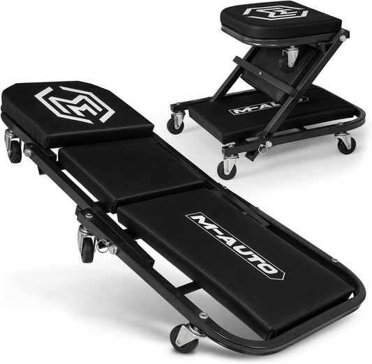 M-AUTO Foldable Z Creeper 2-in-1 Rolling Folding Car Creeper & Seat, 36" Adjustable Roller Garage Chair Lay Down or Sit, 330LBS Capacity Under Car Roller Creeper with 6 Swivel Casters, Black