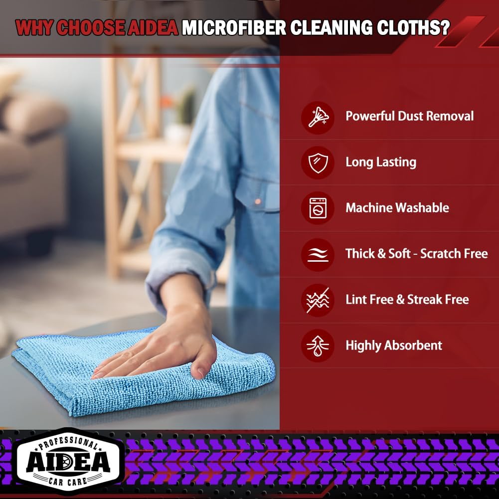 AIDEA Microfiber Cleaning Cloths, 150PK, Blue, 12x12 Inch, Shop Rags, Absorbent, Lint Free, Reusable, Ideal for Cars, Kitchen, Household, Dusting, Polishing