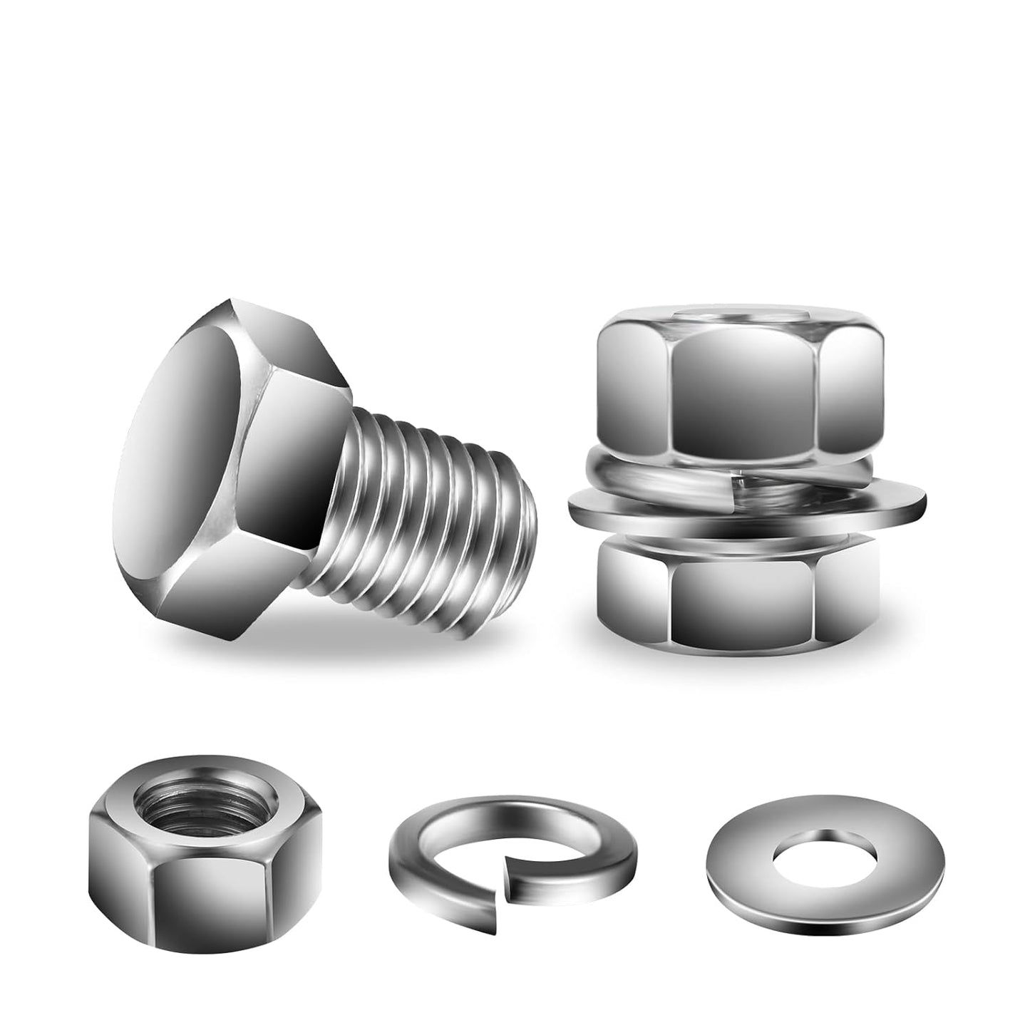 5/16-18 x 5/8" Hex Head Screw Bolt, Nuts, Flat & Lock Washers, 20Pcs 18-8 (304) Stainless Steel, Fully Threaded, by SG TZH