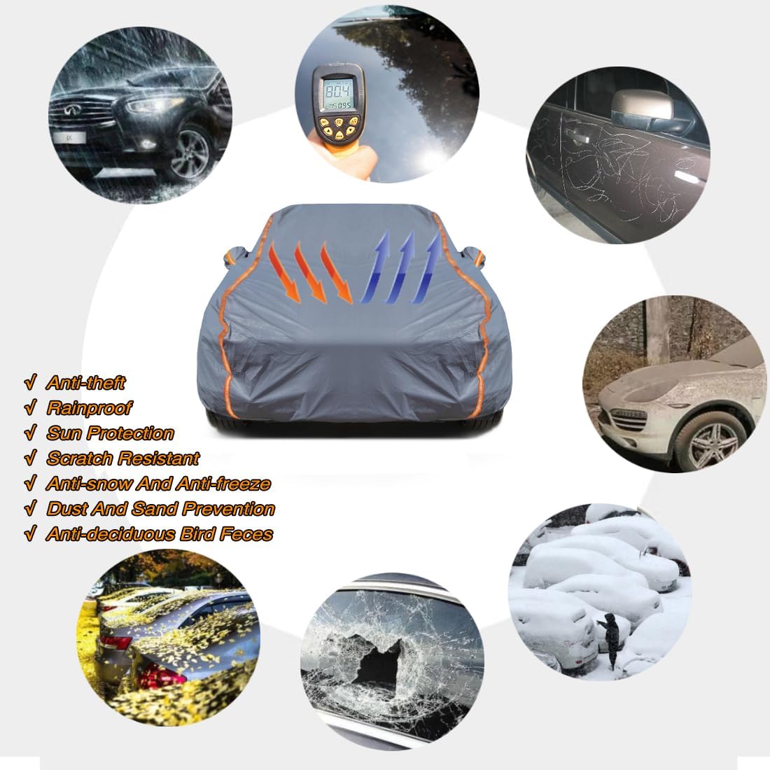 KEYOOG Universal Waterproof Heavy Weight Full Car Covers, Fit Pickup, All Weather, Outdoor Full Cover Weatherproof UV Sun Protection Snow Dust Storm Resistant with PEVA Cotton, Fit Length 180"-206"