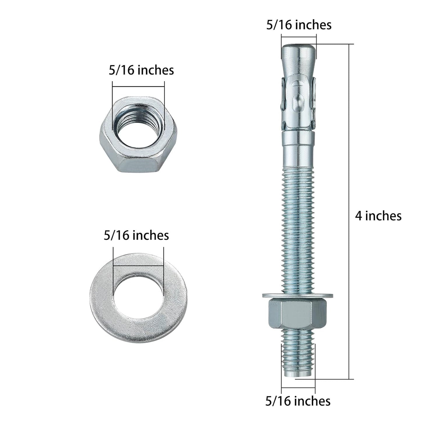 5/16x4" 30Pcs Inch Standard Fasteners for Heavy-Duty Zinc Wedge Anchors for Cement and Concrete