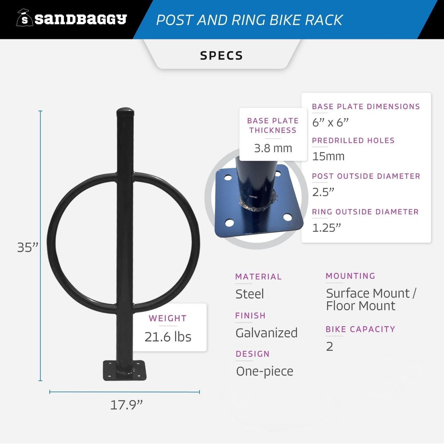 Sandbaggy Post and Ring Bike Rack - Commercial Bike Racks - Galvanized Steel - Anti-Theft Design - In Ground, Apartments, Sidewalks, Industrial (Blue, 20)
