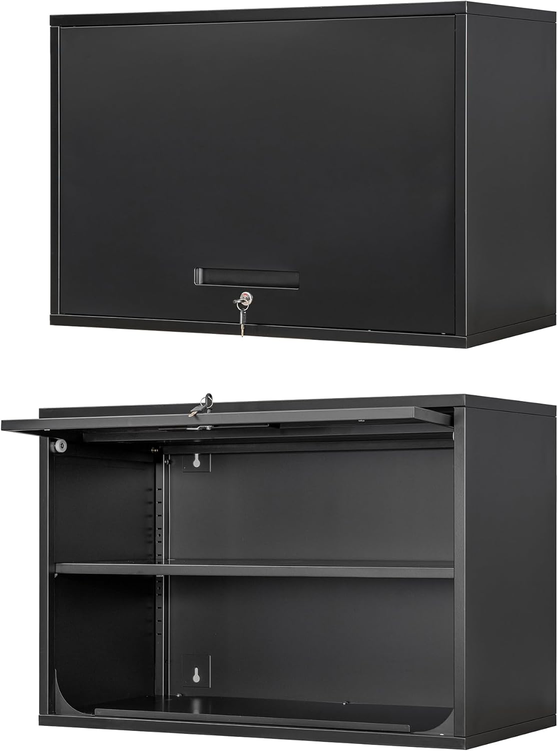 Metal Wall Cabinet with Locking Door and Shelf, Hanging Garage Cabinets with Up-Flip Doors for Garage, Warehouse, Home, Office, Assembly Required (Black, One Cabinet)