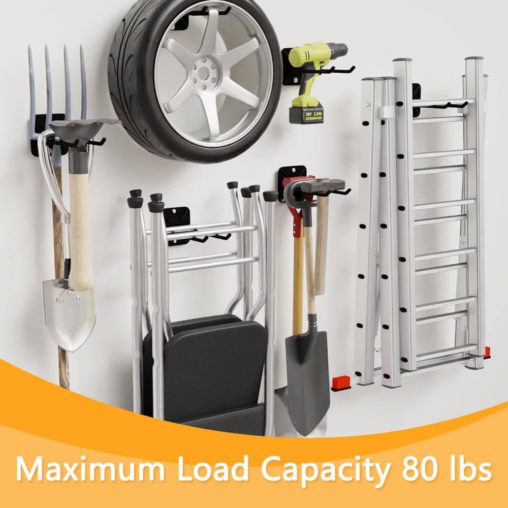 2PCS Heavy Duty Steel Hooks, Garage Hanger Storage Tool Organizer Rack, Wall Mount Utility Hooks to Hang Chairs, Ladders, Tires, Shovels, Strollers and More