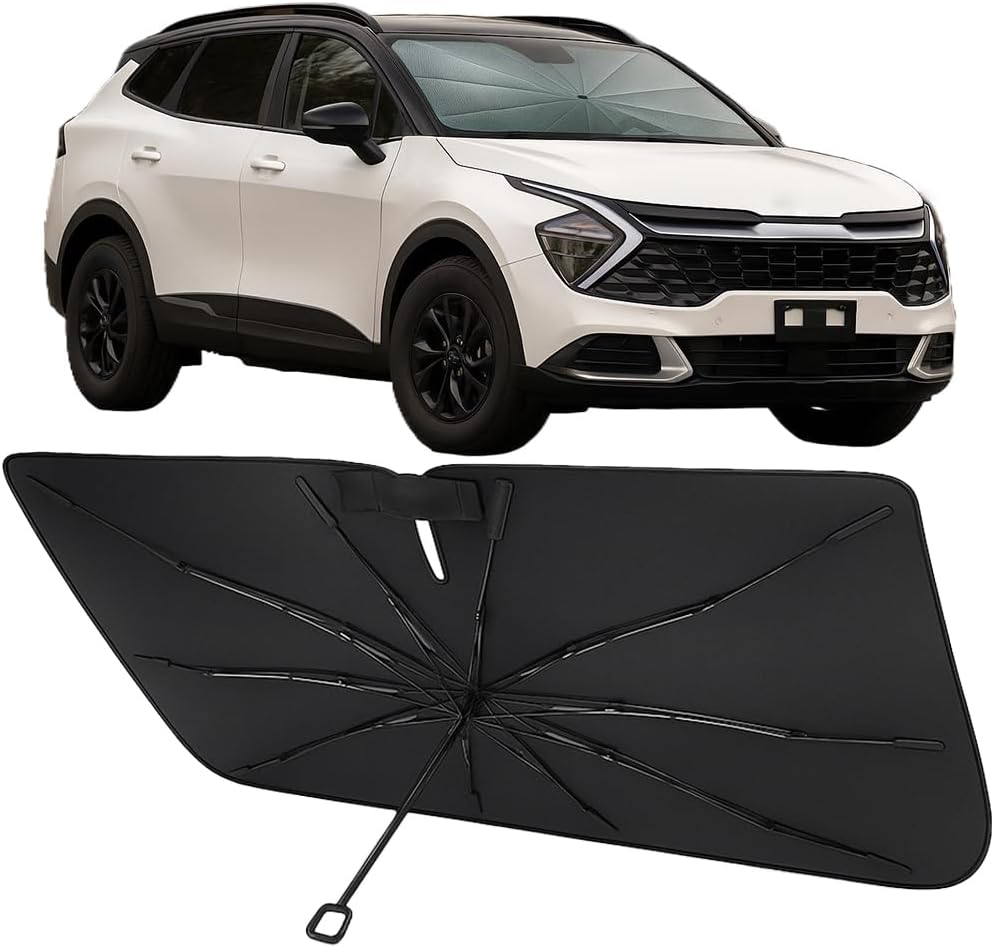Proadsy Windshield Sun Shade Umbrella for Kia Sportage 2023-2025 2026 Foldable Car Umbrella Sunshade with Soft TPU Handle Spring Structure Crystal Cooling Material Protect Car from Rays & Heat
