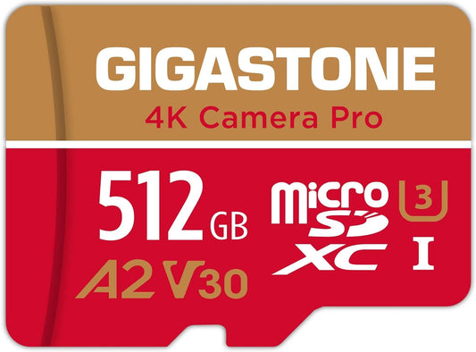 [5-Yrs Free Data Recovery] GIGASTONE 512GB Micro SD Card, 4K Camera Pro, A2 V30 for Smartphone, Gopro, Action Cams, 4K UHD Video Recording, R/W up to 150/120 MB/s, UHS-I U3 C10 Class 10 with Adapter