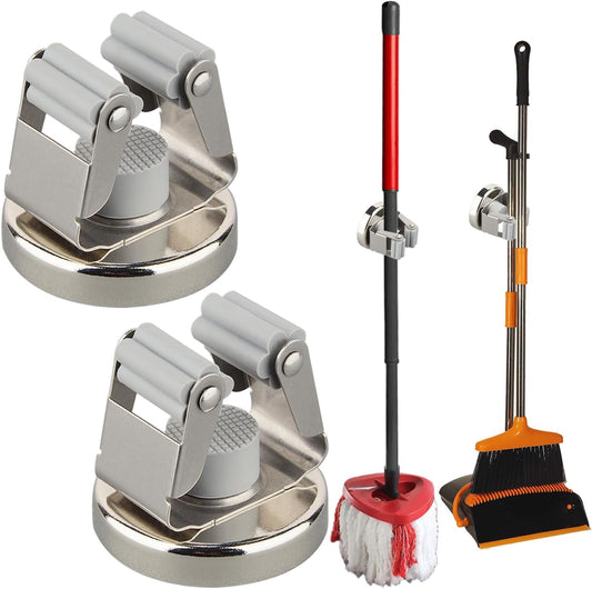 MUTUACTOR Magnetic Broom Holders,2pcs Anti-broken Heavy Duty Magnetic Clips Wall Mount,No Drilling 10lbs Magnetic Hooks Broom Mop Brackets for Work Cargo Garage Laundry Work Van Accessories