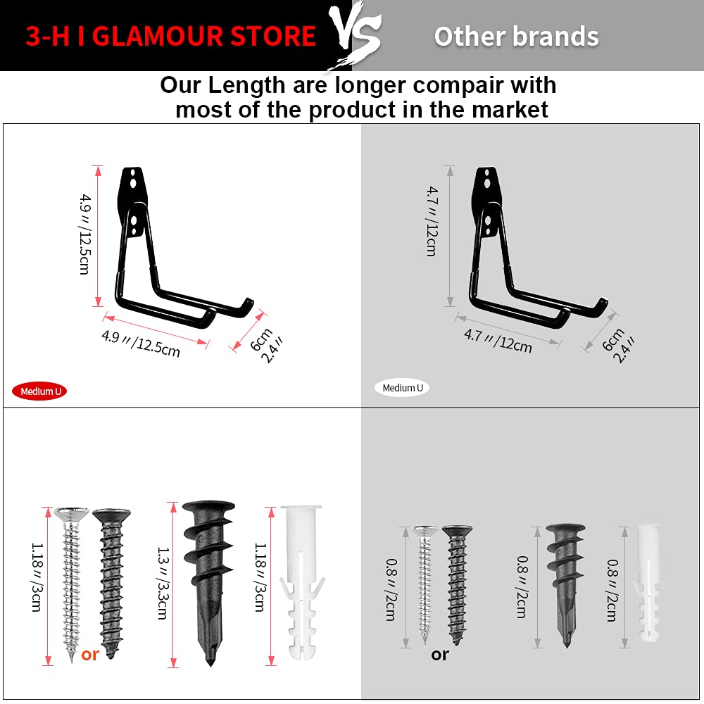 3-H Garage Wall Hooks 10 Pack, Heavy Duty Garage Hooks with Extra Welding Spots, Wall Mount Storage Organizer for Hanging Garden Lawn Tools, Chair, Shovel, Blower, Toolkit (Black)