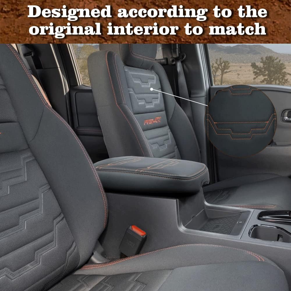 Muslogy for Frontier Center Console Pad Armrest Box Cover Vegan Leather Soft Accessories Armrest Lid Protector Compatible with Nissan Frontier 2022-2024 2025 (Regular Thick, V2 Orange Stitching)
