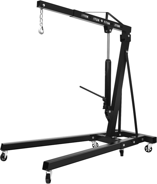Folding Engine Crane 2 Ton Folding Engine Hoist 4400lbs Crane Hoist Lift with 6 Iron Caster Wheels for Garage, Workshop (Black)