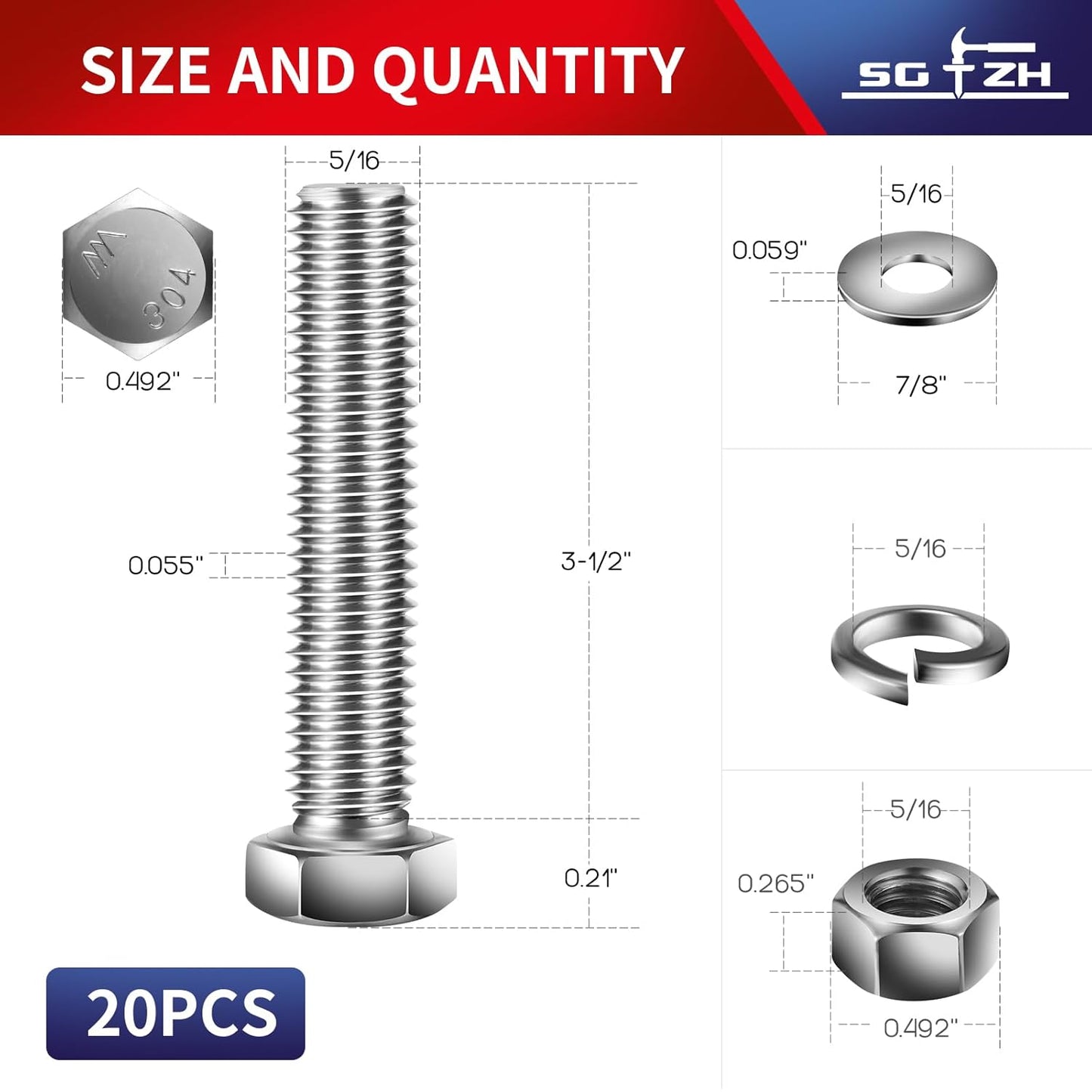 5/16-18 x 3-1/2" Hex Head Screw Bolt, Nuts, Flat & Lock Washers, 20Pcs 18-8 (304) Stainless Steel, Fully Threaded, by SG TZH