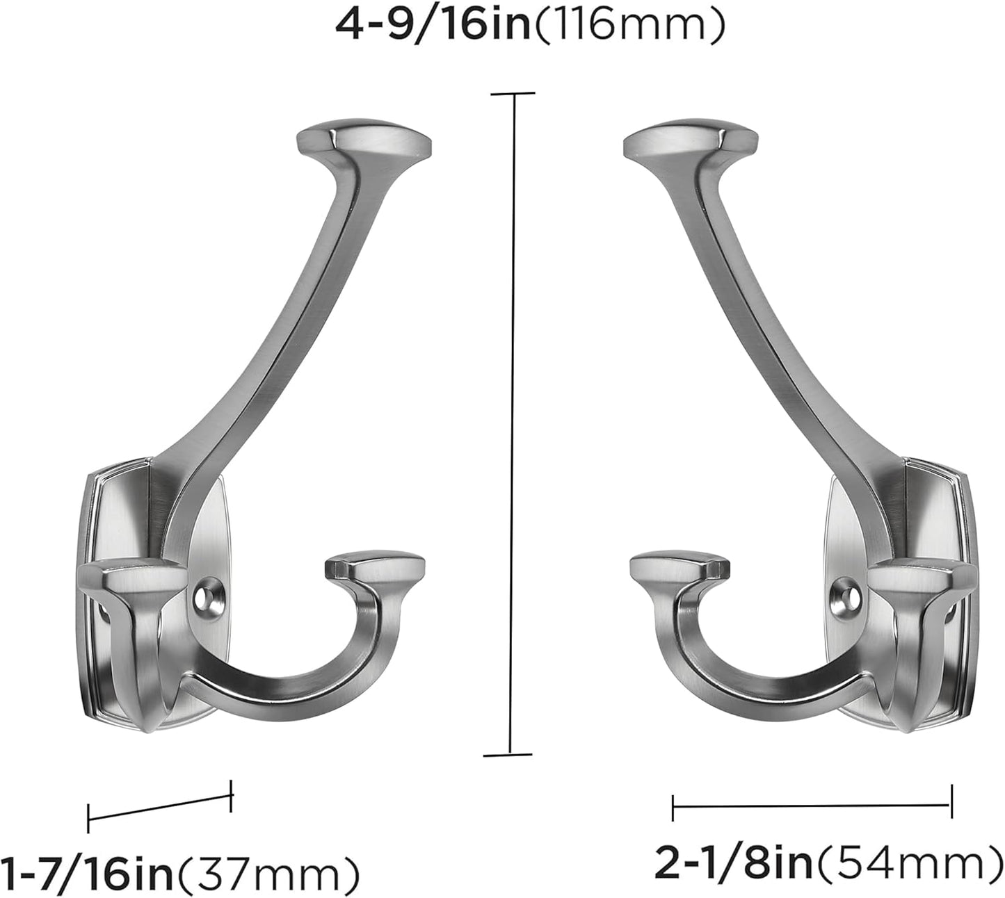 Large Wall Double-Sided Hook 5 Pack Brushed Satin Nickel Hook Decorative Heavy Duty Solid Large Coat Hooks for Towel Hanging Coats Robe Towel Bags Door Back 2 Prong Hooks