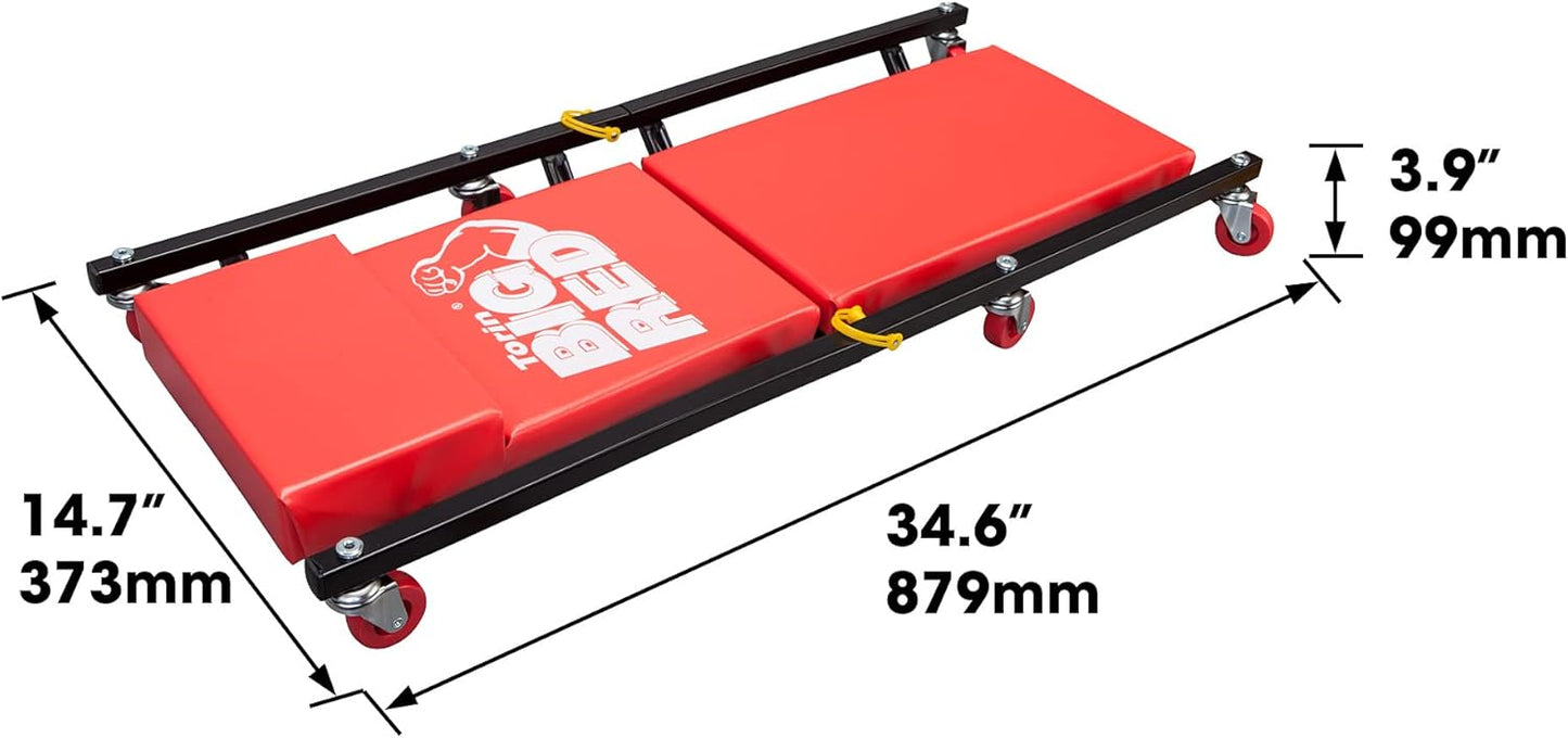 BIG RED 36" 2-Piece Padded Rolling Garage/Shop Creeper, Mechanic Cart with Headrest and 6 Casters, Red TR7565R Torin