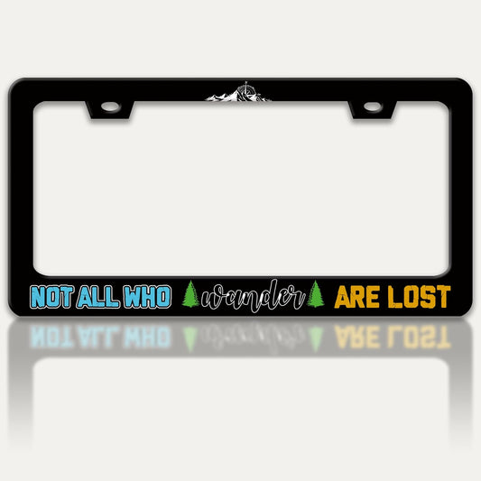 Not All Who Wander are Lost License Plate Frame Mountains Compass License Plate Holders Funny Stainless Steel Auto Accessory Bracket 2 Hole with Screws Universal Us Car License Plate Frames 6x12 Inch