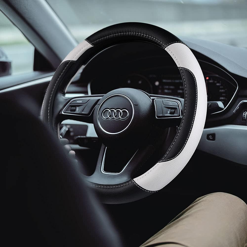 Leather Car Steering Wheel Cover, Non-Slip Car Wheel Cover Protector Breathable Microfiber Leather Universal Fit for Most Cars(White)