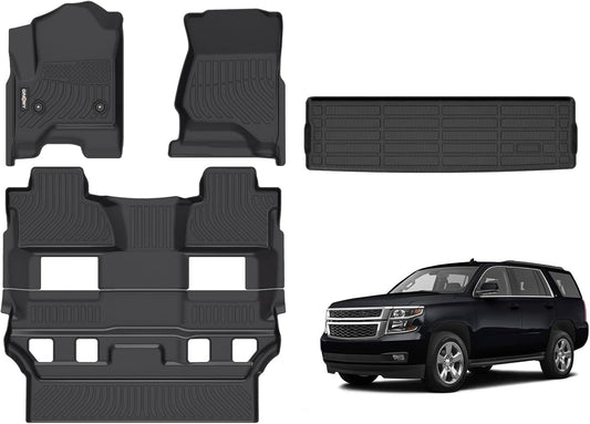 GINOWY- Floor Mats & Cargo Liner for Chevy Tahoe 2015-2020 & GMC Yukon (Only for Bucket Seat) TPE All Weather Protection Tahoe Car Mats, Non-Slip Trunk Mat Waterproof Accessories Floor Liners Black