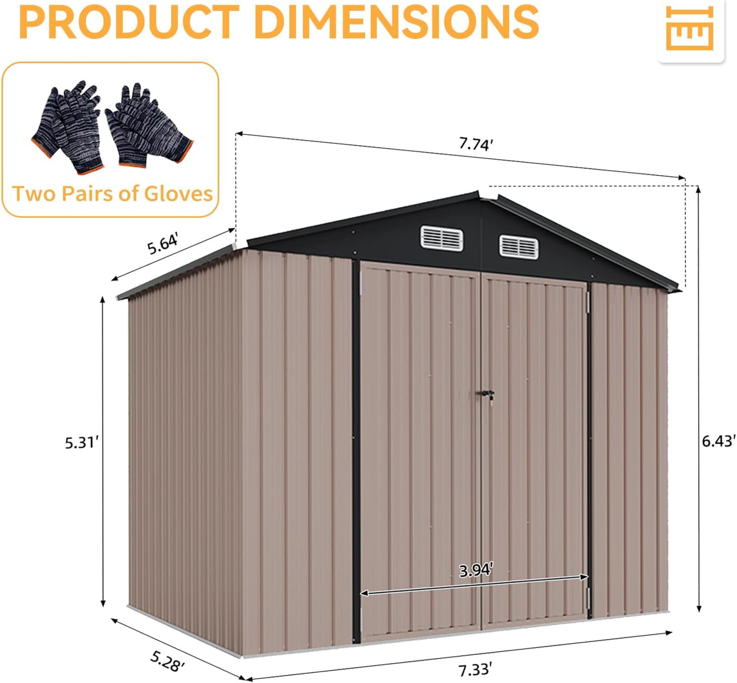 Aoxun 7x5 FT Outdoor Storage Shed with Floor Garden Metal Shed with Lockable Door Outdoor Large Shed for Tool, Garbage Can, Bike, Mower, Brown