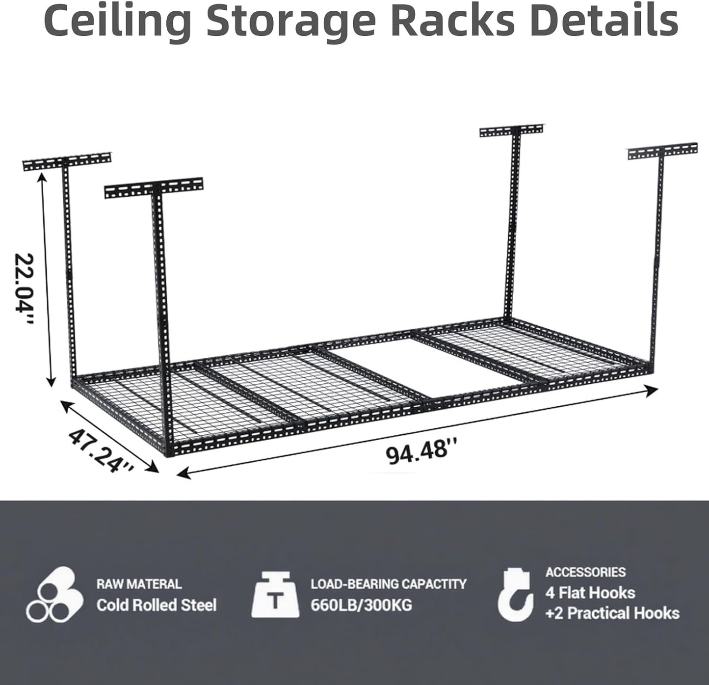 4x6 FT Overhead Garage Storage Rack, Steel Ceiling Storage Rack for Garage, Height Adjustable 22''-40", Heavy Duty 330 lbs Weight Capacity Storage Organizer System, for Basement Warehouse