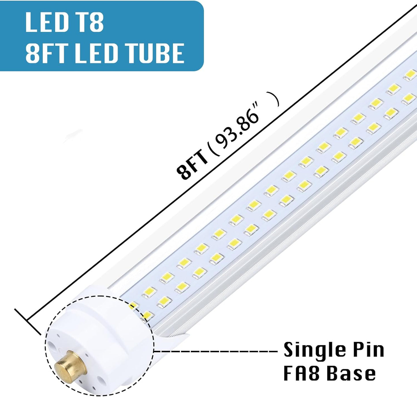 12-Pack, 8 Foot LED Bulbs, 100W 15000lm 6000K Cold White, Super Bright, T8 T10 T12 LED Tube Lights, FA8 Single Pin LED Lights, Clear Cover, 8 Foot LED Bulbs to Replace Fluorescent Light Bulbs