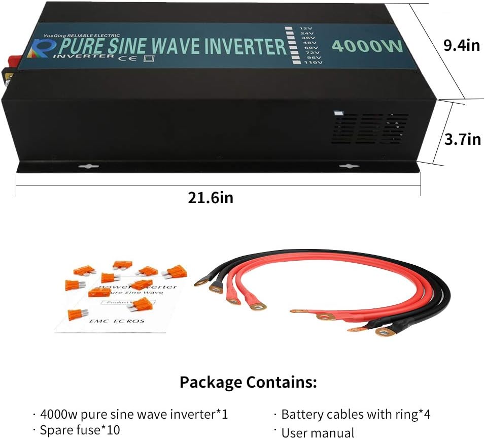 WZRELB Home Power Supply Off Grid Pure Sine Wave 12Vdc to 120Vac 60Hz 4000W Power inverter Off Grid Application Power Converter, (RBP400012B1)