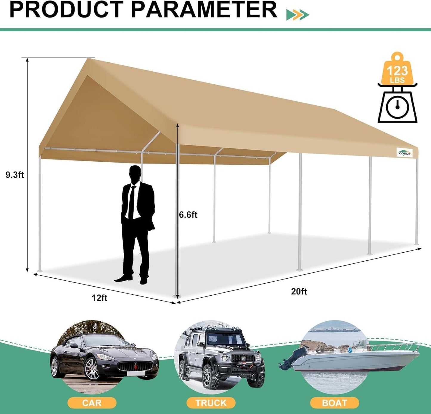 COBIZI Carport 12x20ft Heavy Duty Portable Garage, 2.0 Powder Coated Frame(Better Than Galvanized), Waterproof Shelter with Built-in Sandbags, for Car/Boat/SUV, Khaki