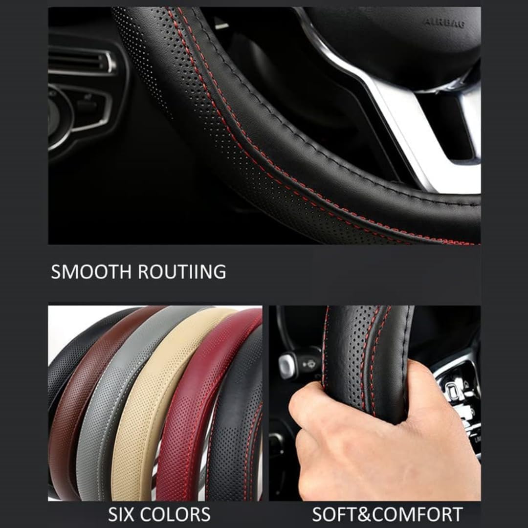 Cowhide Steering Wheel Cover Heat Resistant Anti-Slip Car Wheel Wrap Compatible with Most Makes and Models of Cars and Trucks with 14.5 to 15 Inch Steering Wheel