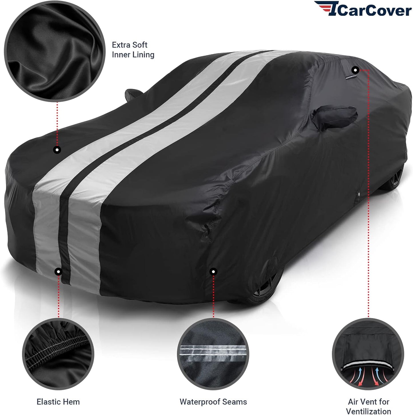 iCarCover Custom Car Cover Compatible with Mustang 2005-2025, Waterproof All Weather Rain Snow UV Sun Protector Full Exterior Indoor Outdoor Car Covers, Stripe (Black/Gray)