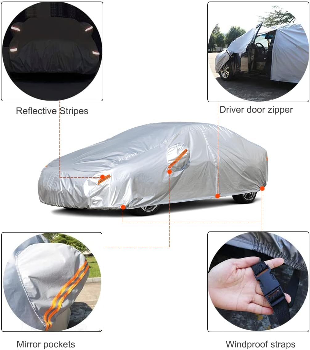 Kayme Car Covers for Automobiles Waterproof All Weather Sun Uv Rain Protection with Zipper Mirror Pocket Fit Dodge Charger/Challenger, Lincoln Mkz/Mks/Continental,Cadillac etc.(194 to 208 Inch) 3XXL
